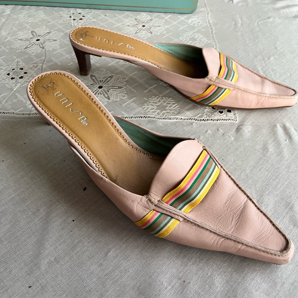 Unisa Pink Leather Mules with Striped Accents